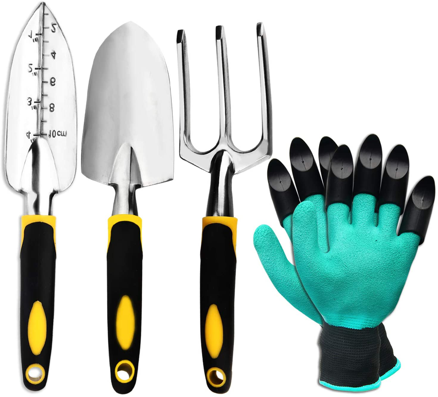 Garden Tool Set, 4 Pack Gardening Gifts Including Trowel, Cultivator Hand Rake, Transplant Trowel, Gardening Gloves